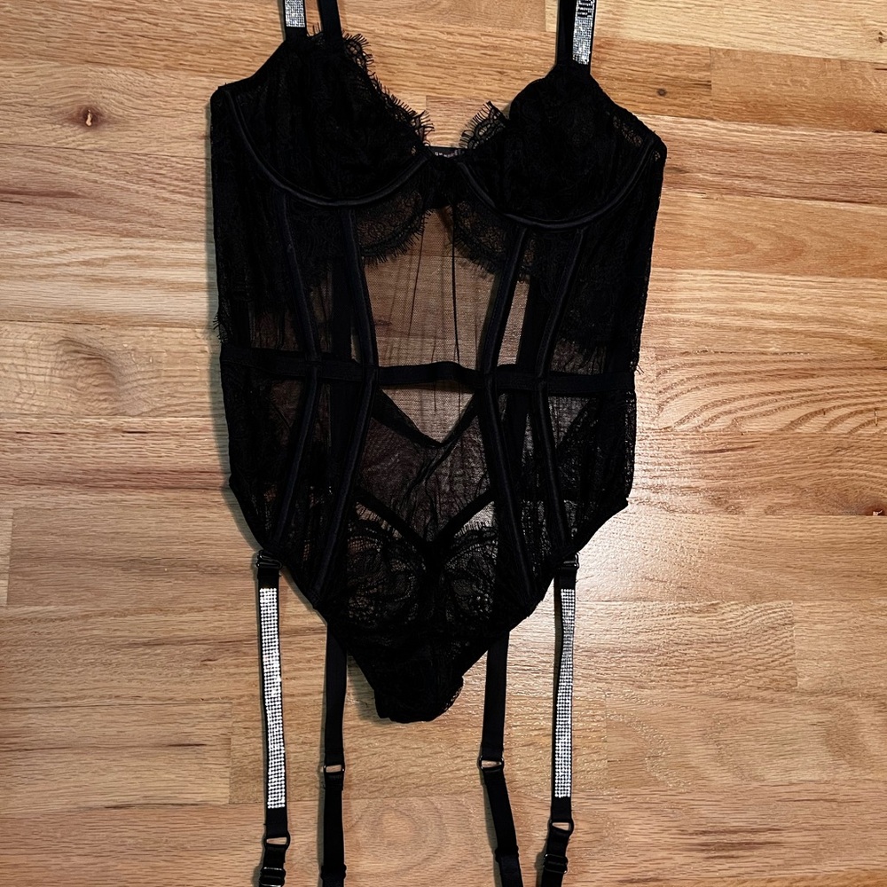 Black Sheer Lace Bodysuit with Straps